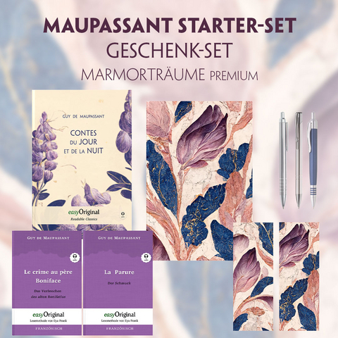 Guy de Maupassant Starter-Paket Geschenkset 3 Bücher (mit Audio-Online) + Marmorträume Schreibset Premium - Guy de Maupassant