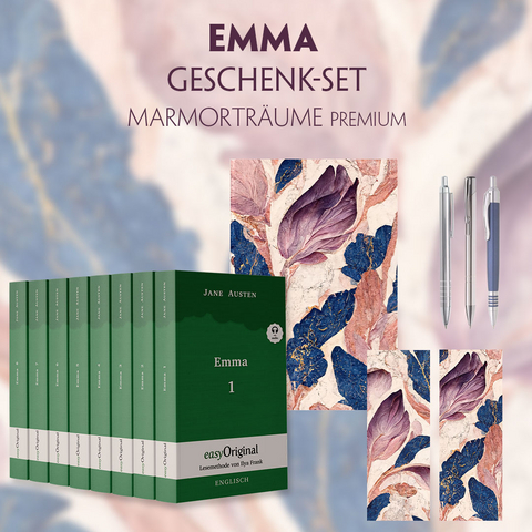 Emma Geschenkset - 8 Bücher (Softcover + Audio-Online) + Marmorträume Schreibset Premium - Jane Austen