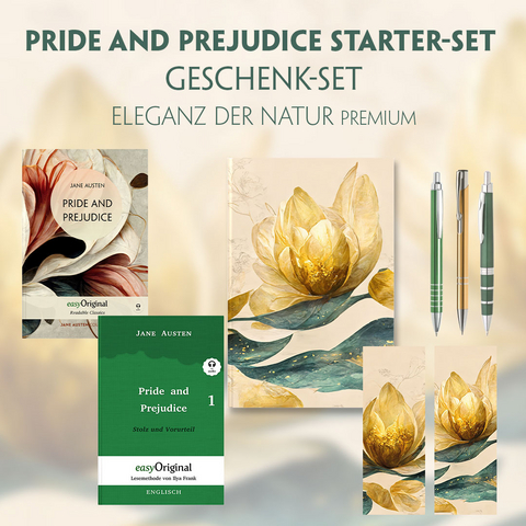 Pride and Prejudice Starter-Paket Geschenkset 2 Bücher (mit Audio-Online) + Eleganz der Natur Schreibset Premium - Jane Austen