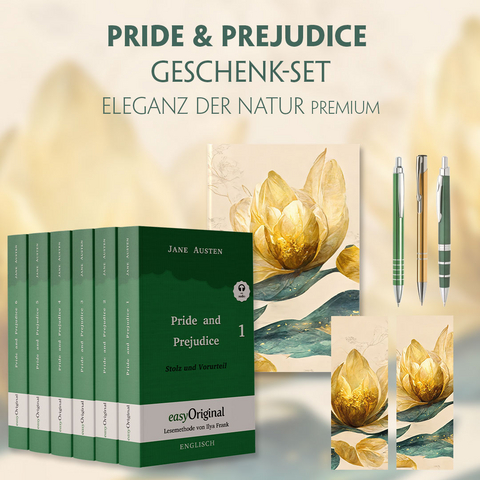 Stolz und Vorurteil Geschenkset - 6 Bücher (Softcover + Audio-Online) + Eleganz der Natur Schreibset Premium - Jane Austen