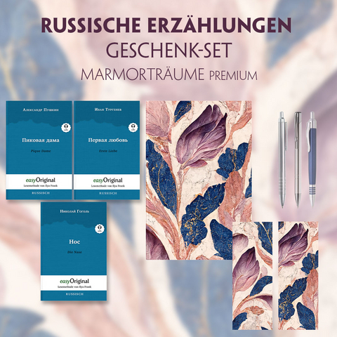 Russische Erzählungen Geschenkset - 3 Bücher (mit Audio-Online) + Marmorträume Schreibset Premium - Nikolai Wassiljewitsch Gogol, Alexander Puschkin, Iwan Turgenew