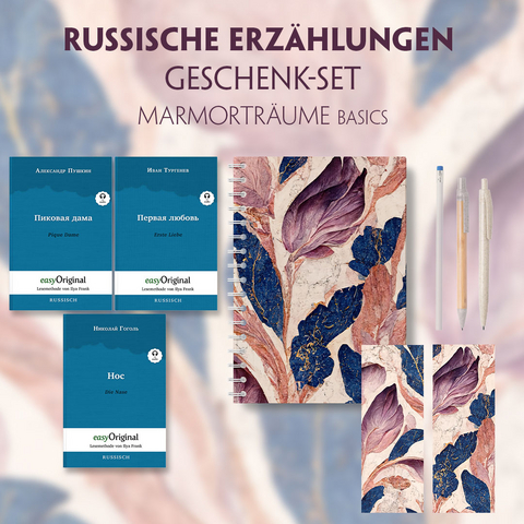 Russische Erzählungen Geschenkset - 3 Bücher (mit Audio-Online) + Marmorträume Schreibset Basics - Nikolai Wassiljewitsch Gogol, Alexander Puschkin, Iwan Turgenew