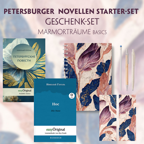 Petersburger Novellen Starter-Paket Geschenkset - 2 Bücher (mit Audio-Online) + Marmorträume Schreibset Basics - Nikolai Wassiljewitsch Gogol