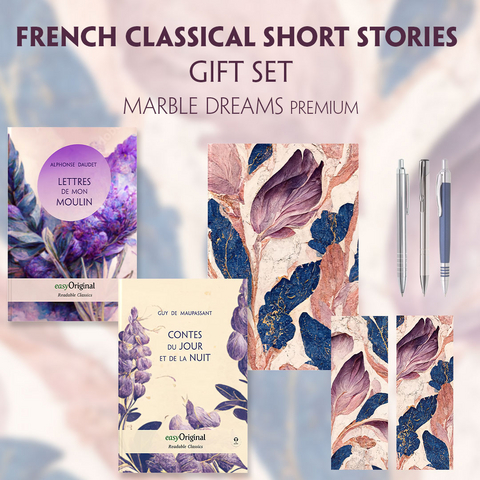 French Classical Short Stories (with audio-online) Readable Classics Geschenkset + Marmorträume Schreibset Premium - Guy de Maupassant, Alphonse Daudet