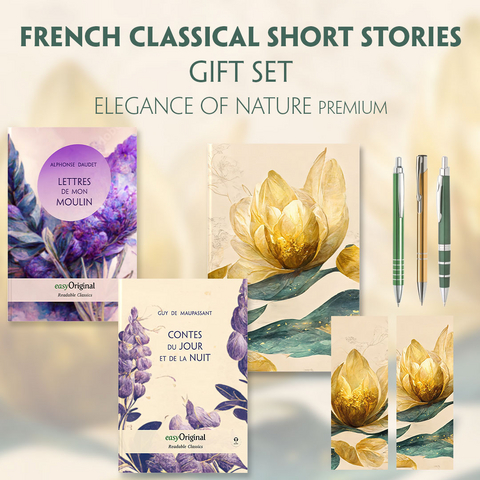 French Classical Short Stories (with audio-online) Readable Classics Geschenkset + Eleganz der Natur Schreibset Premium - Guy de Maupassant, Alphonse Daudet