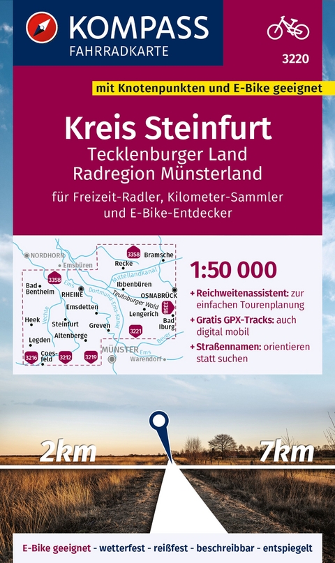 KOMPASS Fahrradkarte 3220 Kreis Steinfurt, Tecklenburger Land, Radregion Münsterland mit Knotenpunkten 1:50.000