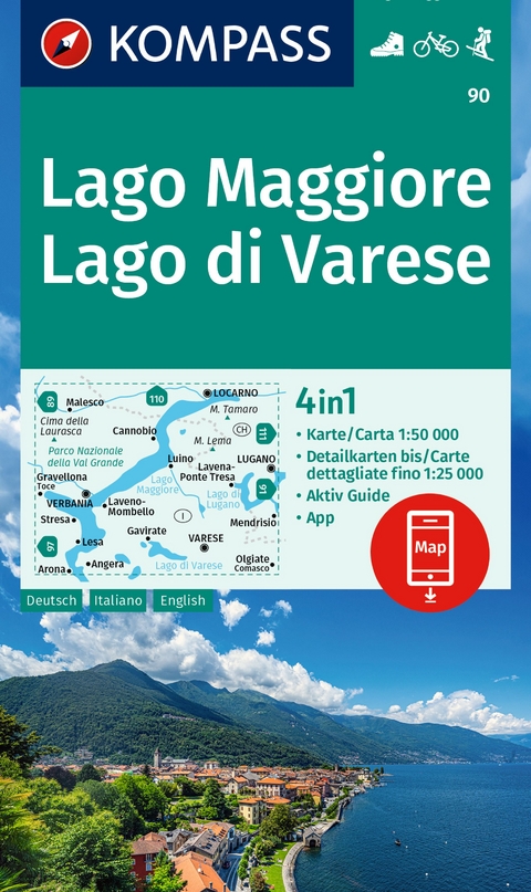 KOMPASS Wanderkarte 90 Lago Maggiore, Lago di Varese 1:50.000