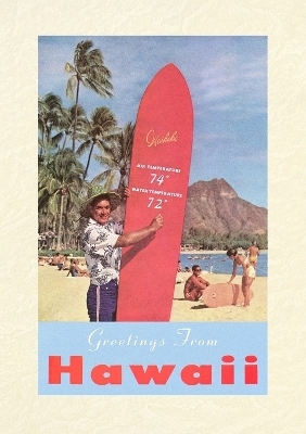 Vintage Lined Notebook Greetings from Hawaii, Long Board with Temperatures