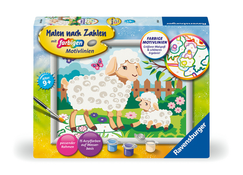 Ravensburger CreArt 23764 - Schaf mit Lämmchen - Malen nach Zahlen Tierbaby für Kinder ab 9 Jahre