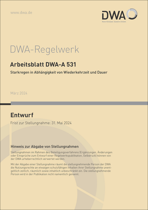 Arbeitsblatt DWA-A 531 Starkregen in Abhängigkeit von Wiederkehrzeit und Dauer (Entwurf)