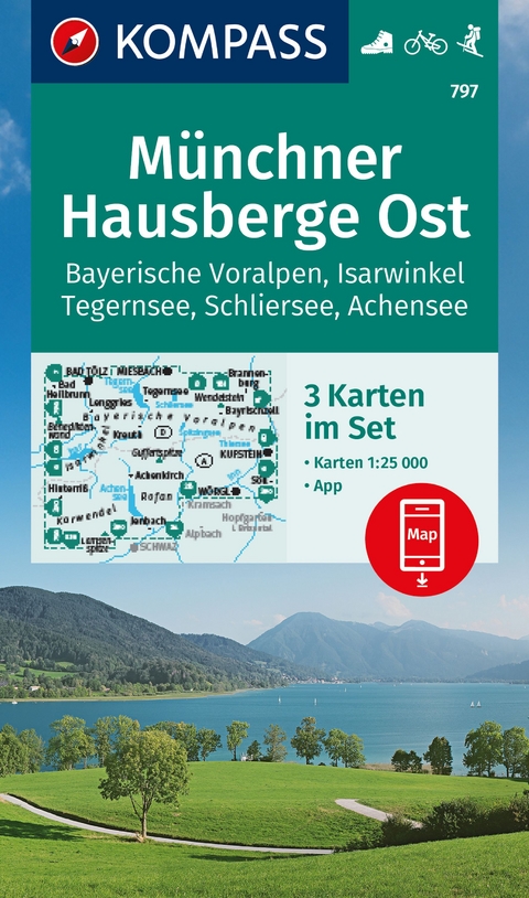 KOMPASS Wanderkarten-Set 797 Münchner Hausberge Ost, Bayerische Voralpen, Isarwinkel, Tegernsee, Schliersee, Achensee (3 Karten) 1:25.000