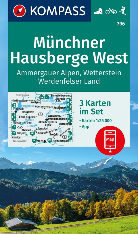 KOMPASS Wanderkarten-Set 796 Münchner Hausberge West, Ammergauer Alpen, Wetterstein, Werdenfelser Land (3 Karten) 1:25.000