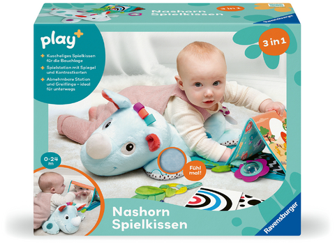 Ravensburger 4866 Play+ Nashorn Spielkissen (für die Bauchlage), 4-teiliges Set, Tummy Time Spielzeug, Kuscheltier trainiert die Bauchlage, für Babys ab 0 Monaten