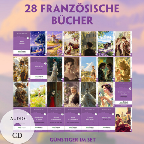 28 französische Bücher (28 Bücher + Audio-CDs) - Frank-Lesemethode - Kommentierte zweisprachige Ausgabe Französisch-Deutsch - Maurice Leblanc, Guy de Maupassant, Prosper Mérimée, Émile Zola, Charles Perrault, Alphonse Daudet