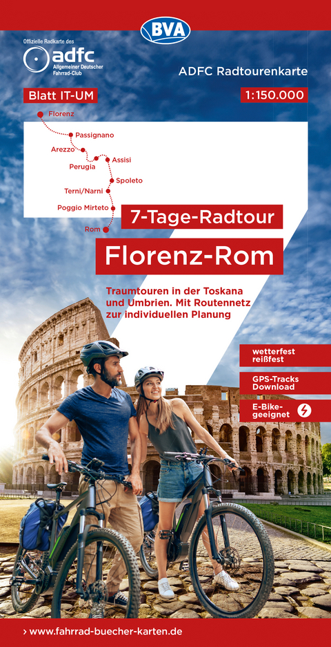 ADFC-Radtourenkarte IT-UM 7-Tage-Radtour Florenz-Rom, 1:150.000, reiß- und wetterfest, E-Bike geeignet, GPS-Tracks Download, mit Kilometerangaben