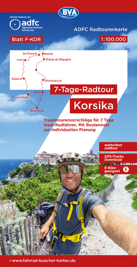 ADFC-Radtourenkarte F-KOR 7-Tage-Radtour Korsika, 1:100.000, reiß- und wetterfest, E-Bike geeignet, GPS-Tracks Download, mit Kilometer-Angaben