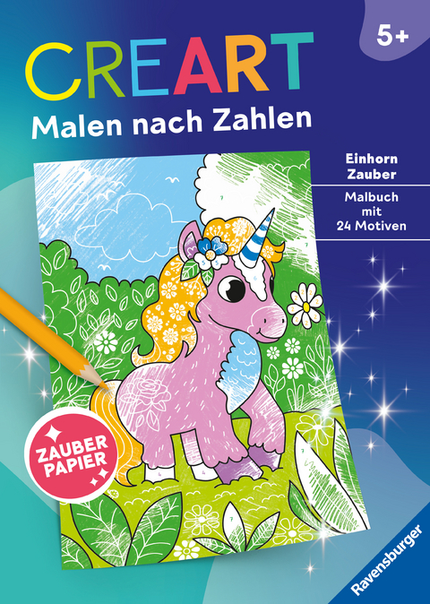 Ravensburger CreArt Malen nach Zahlen ab 5: Einhorn Zauber, Malbuch, 24 Motive, Zauberpapier