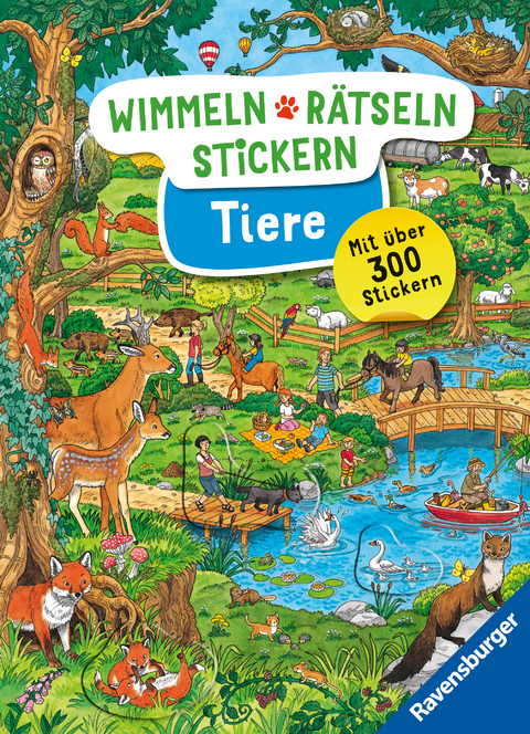 Ravensburger Wimmeln, Rätseln, Stickern: Tiere - Stickerbuch ab 4 Jahren, 13 Wimmelbilder, über 300 Sticker, Tiere