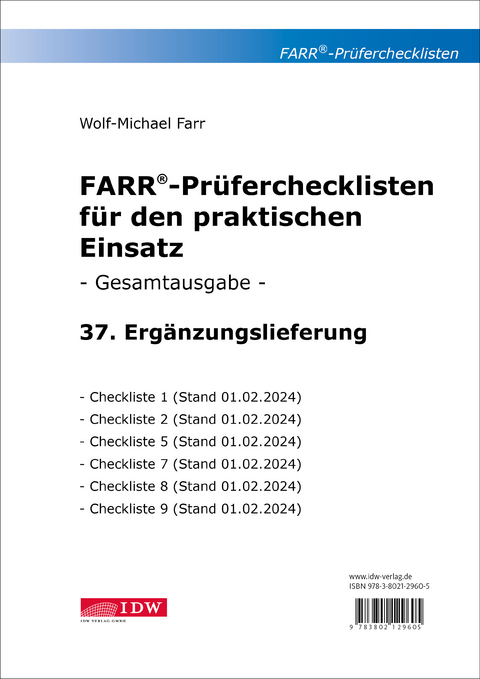 Farr, Prüfercheckl. 37. Erg.Lief. z. Grundwerk, inkl. CL 1, 2, 5, 7, 8 und 9 - Wolf-Michael Farr