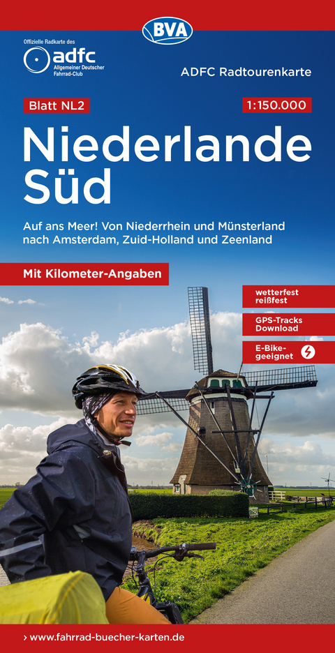 ADFC-Radtourenkarte NL 2 Niederlande Süd 1:150.000, reiß- und wetterfest, E-Bike geeignet, GPS-Tracks Download, mit Knotenpunkten, mit Bett+Bike Symbolen, mit Kilometer-Angaben