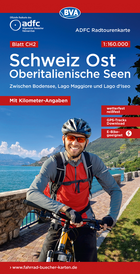 ADFC-Radtourenkarte CH2 Schweiz Ost / Oberitalienische Seen 1:160.000, reiß- und wetterfest, E-Bike geeignet, GPS-Tracks Download, mit Knotenpunkten, mit Bett+Bike Symbolen, mit Kilometer-Angaben