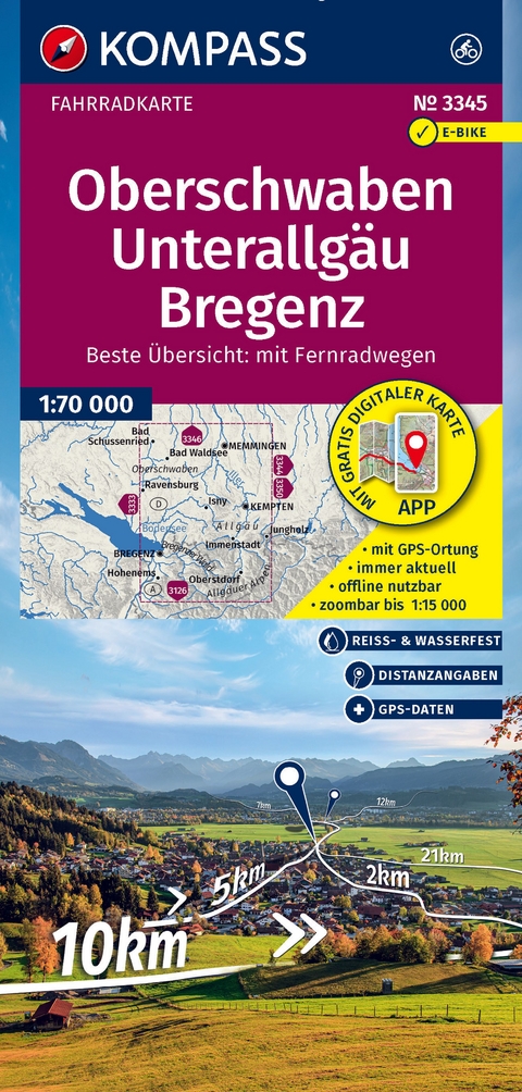 KOMPASS Fahrradkarte 3345 Oberschwaben, Unterallgäu, Bregenz 1:70.000