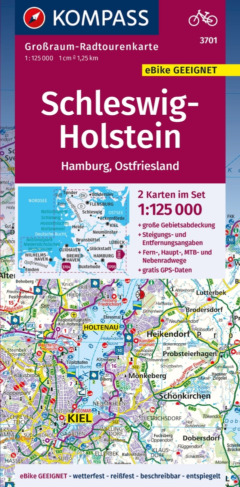 KOMPASS Großraum-Radtourenkarte 3701 Schleswig-Holstein, Hamburg, Ostfriesland 1:125.000