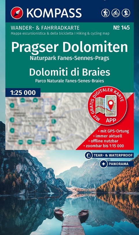 KOMPASS Wanderkarte 145 Pragser Dolomiten, Naturpark Fanes-Sennes-Prags / Dolomiti di Braies, Parco Naturale Fanes-Senes-Braies 1:25.000