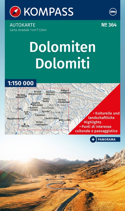 KOMPASS Auto- und Panoramakarte Dolomiten / Dolomiti / Dolomites 1:150.000