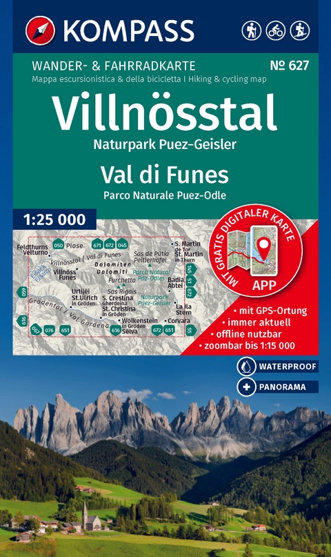 KOMPASS Wanderkarte 627 Villnösstal / Val di Funes, Naturpark Puez-Geisler / Parco Naturale Puez-Odle 1:25.000