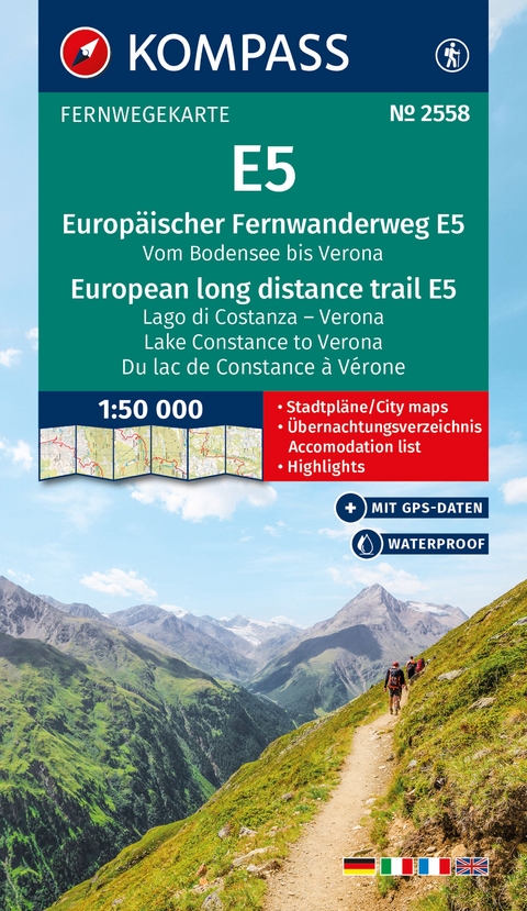 KOMPASS Wander-Tourenkarte Europäischer Fernwanderweg E5 Alpenüberquerung vom Bodensee bis Verona 1:50.000