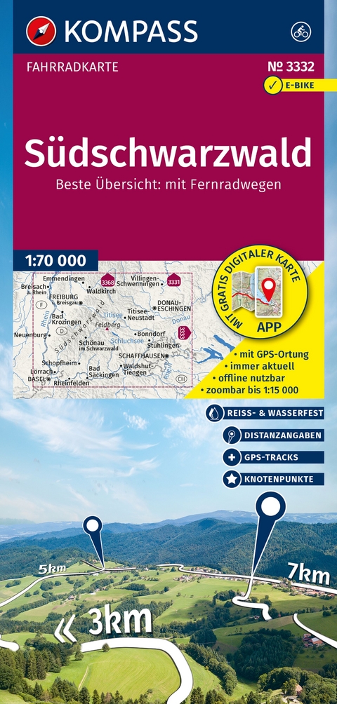 KOMPASS Fahrradkarte 3332 Südschwarzwald mit Knotenpunkten 1:70.000