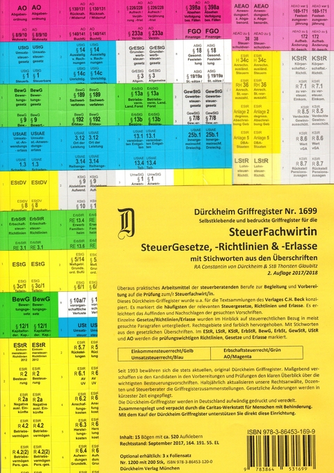 SteuerFachwirt/in: STEUERGESETZE-STEUERRICHTLINIEN-STEUERERLASSE (2017-2018) Dürckheim-Griffregister Nr. 1699 mit Stichworten - Thorsten Glaubitz, Constantin von Dürckheim