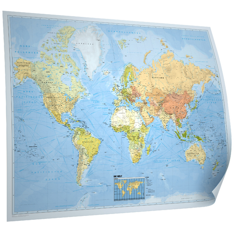 Kastanea Politische Weltkarte "Die Welt", deutsche Beschriftung, Maßstab 1:31 Mio, Papierkarte folienbeschichtet, inkl. Metallbeleistung