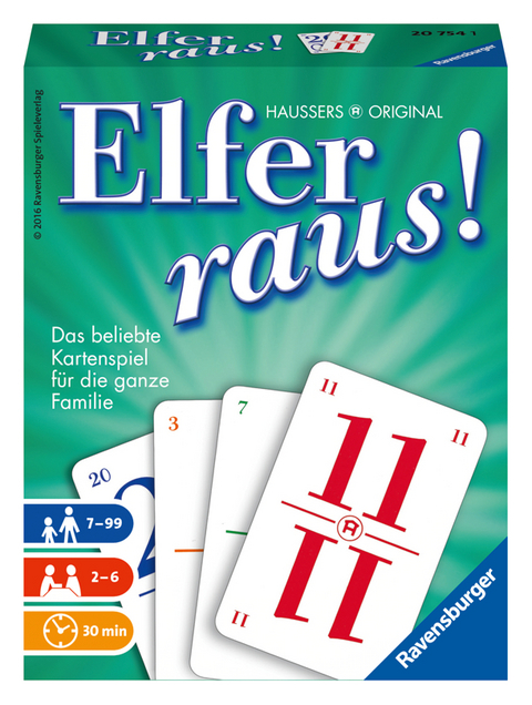 Ravensburger Elfer raus Kartenspiel, Gesellschaftsspiel 2 - 6 Spieler, Spiel ab 7 Jahren für Kinder und Erwachsene -  © Hausser