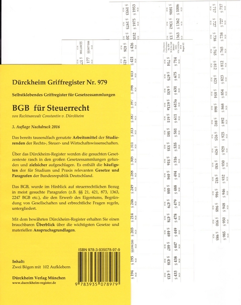 BGB im Steuerrecht, Griffregister Nr. 979 (Nachdruck 2017): 102 bedruckte Griffregister für das Bürgerliche Gesetzbuch - Constantin Dürckheim, Thorsten Glaubitz