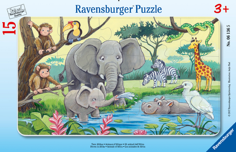 Ravensburger Kinderpuzzle - 06136 Tiere Afrikas - Rahmenpuzzle für Kinder ab 3 Jahren, mit 15 Teilen