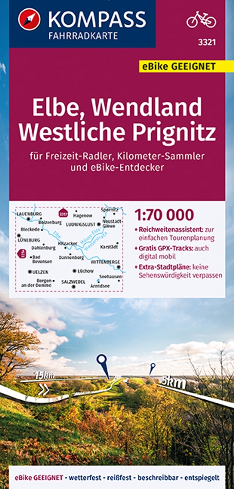 KOMPASS Fahrradkarte 3024 Elbe - Wendland - Westliche Prignitz, 1:70000