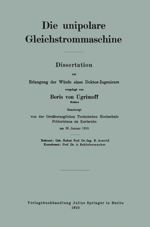 Die unipolare Gleichstrommaschine - Boris von Ugrimoff