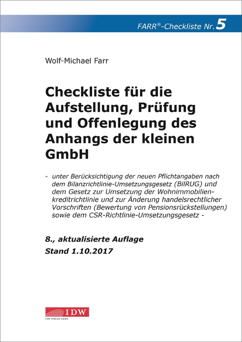 Checkliste 5 für die Aufstellung, Prüfung und Offenlegung des Anhangs der kleinen GmbH - Wolf-Michael Farr