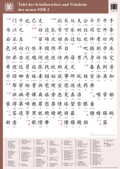 Tafel der Schriftzeichen und Vokabeln des neuen HSK 2 - Hefei Huang, Dieter Ziethen