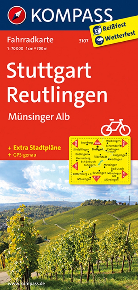 KOMPASS Fahrradkarte 3107 Stuttgart, Reutlingen, Münsinger Alb 1:70.000