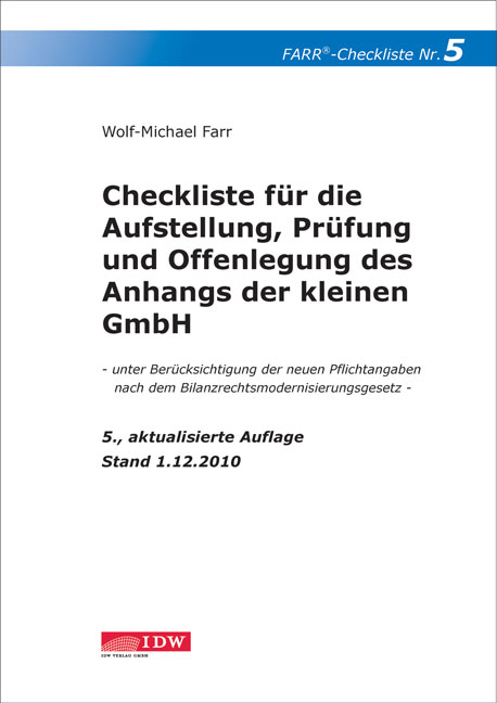 Checkliste für die Aufstellung, Prüfung und Offenlegung des Anhangs der kleinen GmbH - Wolf-Michael Farr