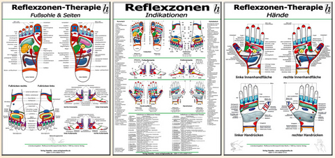 Reflexzonen-Therapie Mini-Poster-Set: Fußsohle & Seiten / Hände / Reflexzonen-Indikationen / 3 Mini-Poster - 