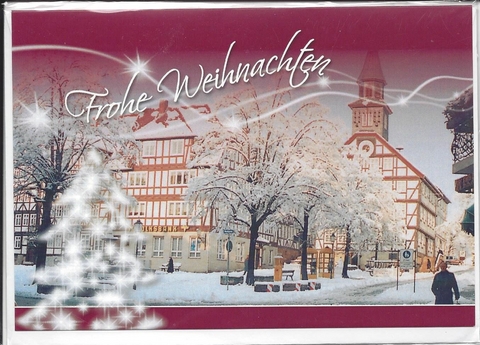 Weihnachts- Doppelkarte B6 " Rathaus mit Marktplatz im Winter ", mit Umschlag, - 