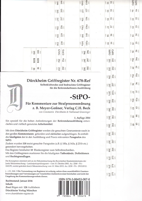 StPO Meyer-Goßner, Assessor/in Dürckheim-Griffregister Nr. 678-Ref / z.B. für den Schönfelder oder den Kommentar Meyer-Goßner 2016/2017 - 