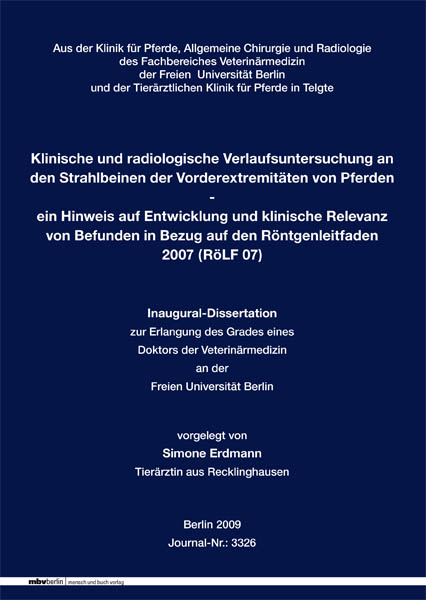 Klinische und radiologische Verlaufsuntersuchung an den Strahlbeinen der Vorderextremitäten von Pferden - Simone Erdmann