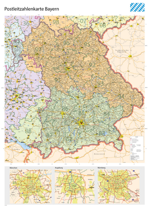 Postleitzahlenkarte Bayern XL mit Laminierung (beschreib- und abwischbar)