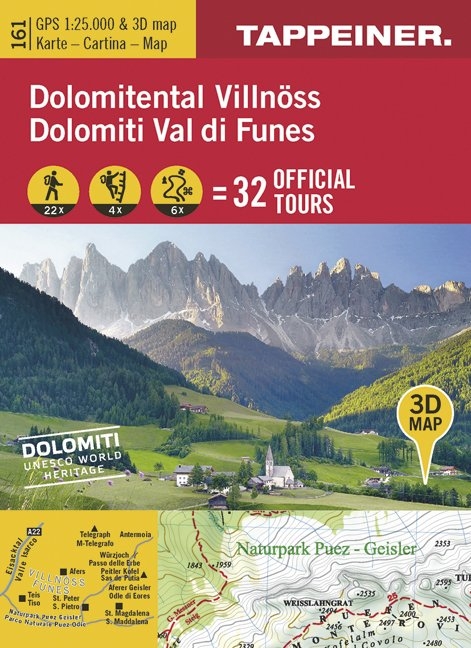 3D-Wanderkarte Villnöß und Umgebung. Cartina escursionistica 3D Val di Funes e dintorni