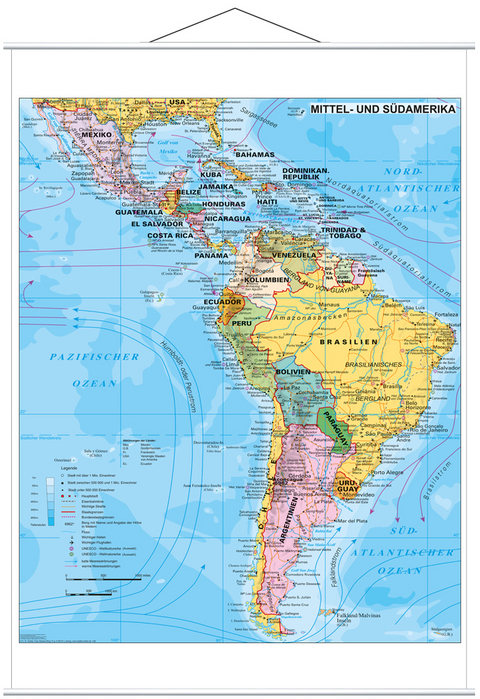 Mittel- und Südamerika politisch, Wandkarte mit Metallbeleistung - Heinrich Stiefel